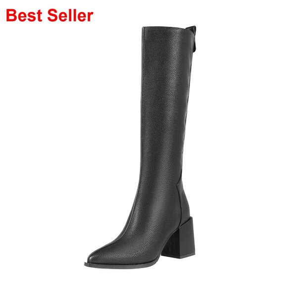 Women's Knee High Boots Pointed Toe Chunky Heel Side Zipper Tall Boots